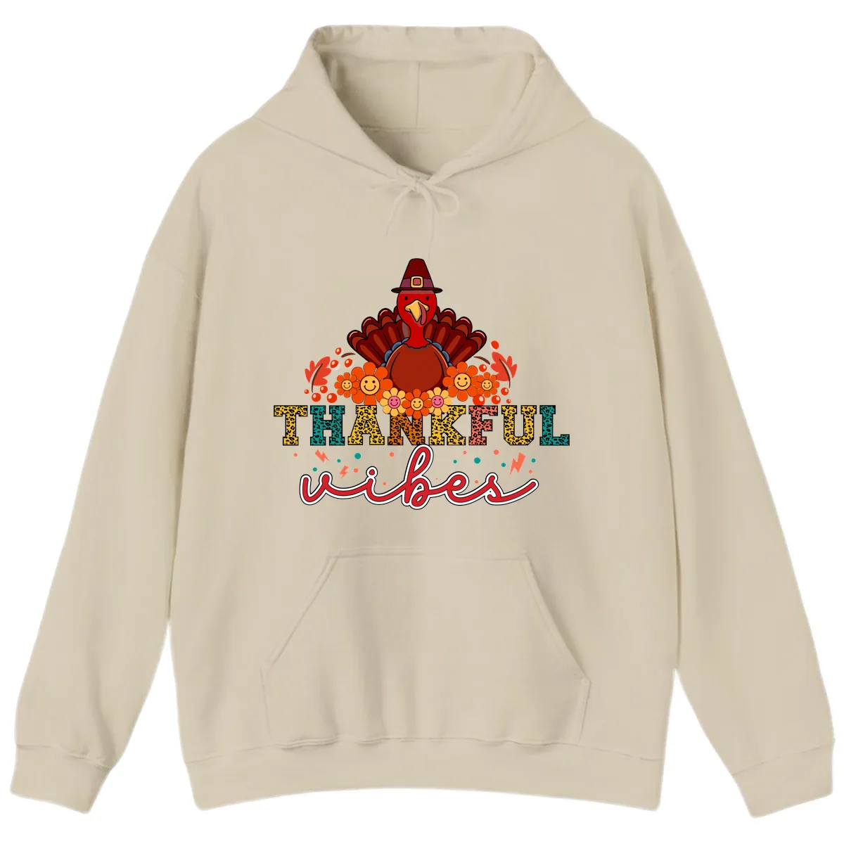 Turkey Vibes Thanksgiving Design Hoodie in Sand